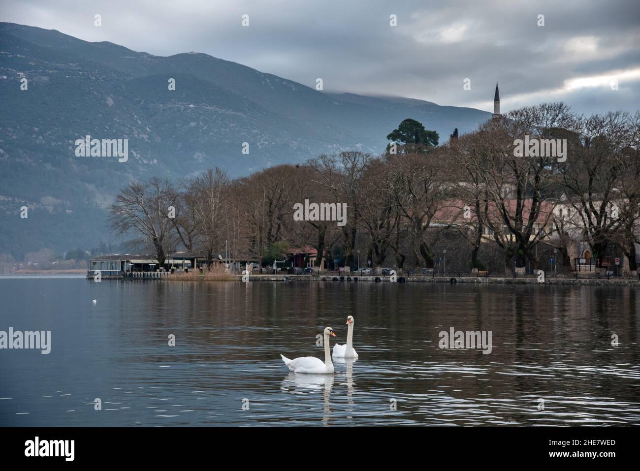 Luftaufnahme der Stadt Ioannina in Griechenland, Aslan Pasha Tzami, dem See mit der Insel Kyra Frosini oder nissaki. Stockfoto