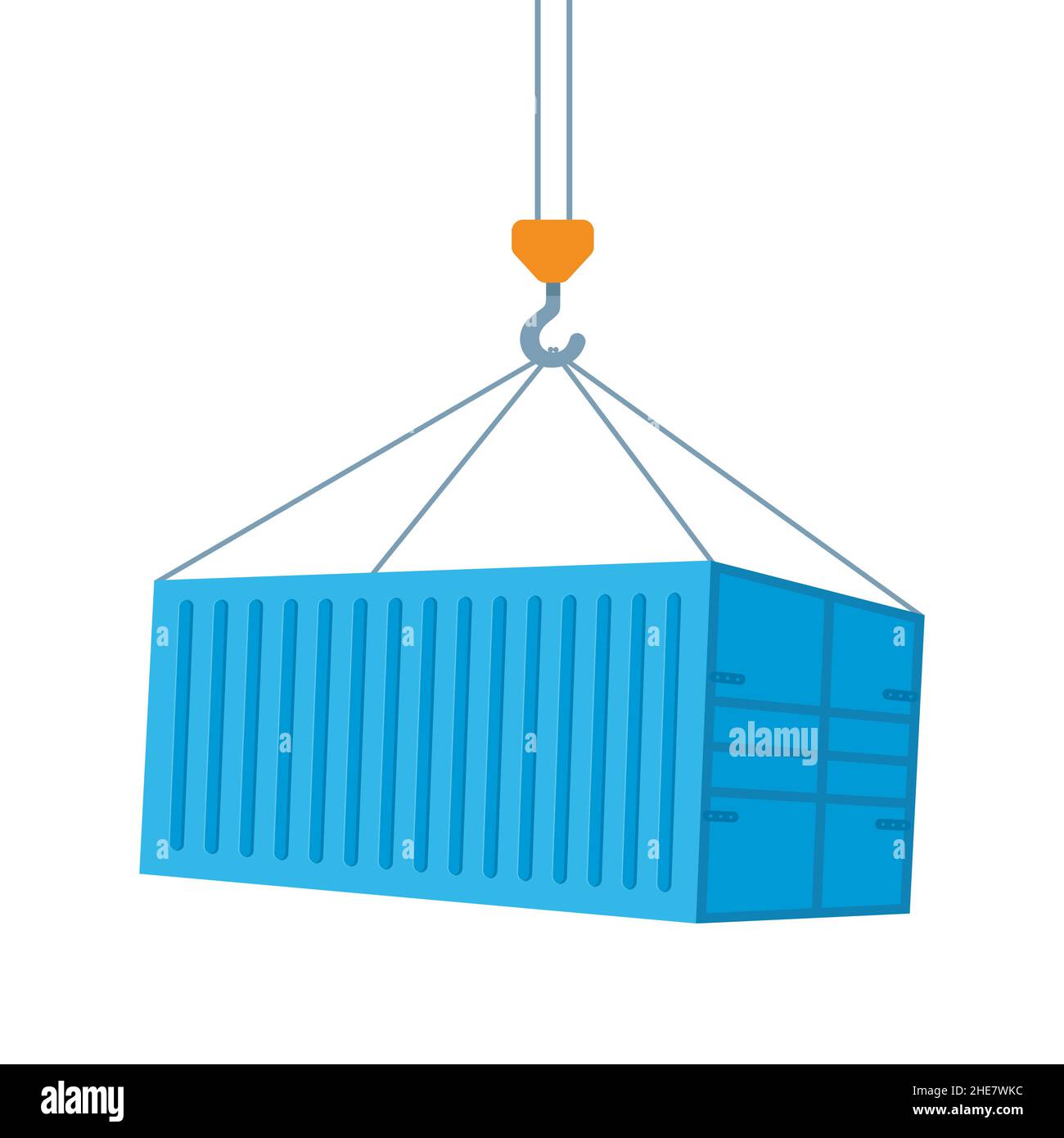 Kran hebt mit blauen Frachtcontainer. Industriekranhaken und Transportbehälter isoliert auf weißem Hintergrund. Frachtversandkonzept. Vect Stock Vektor
