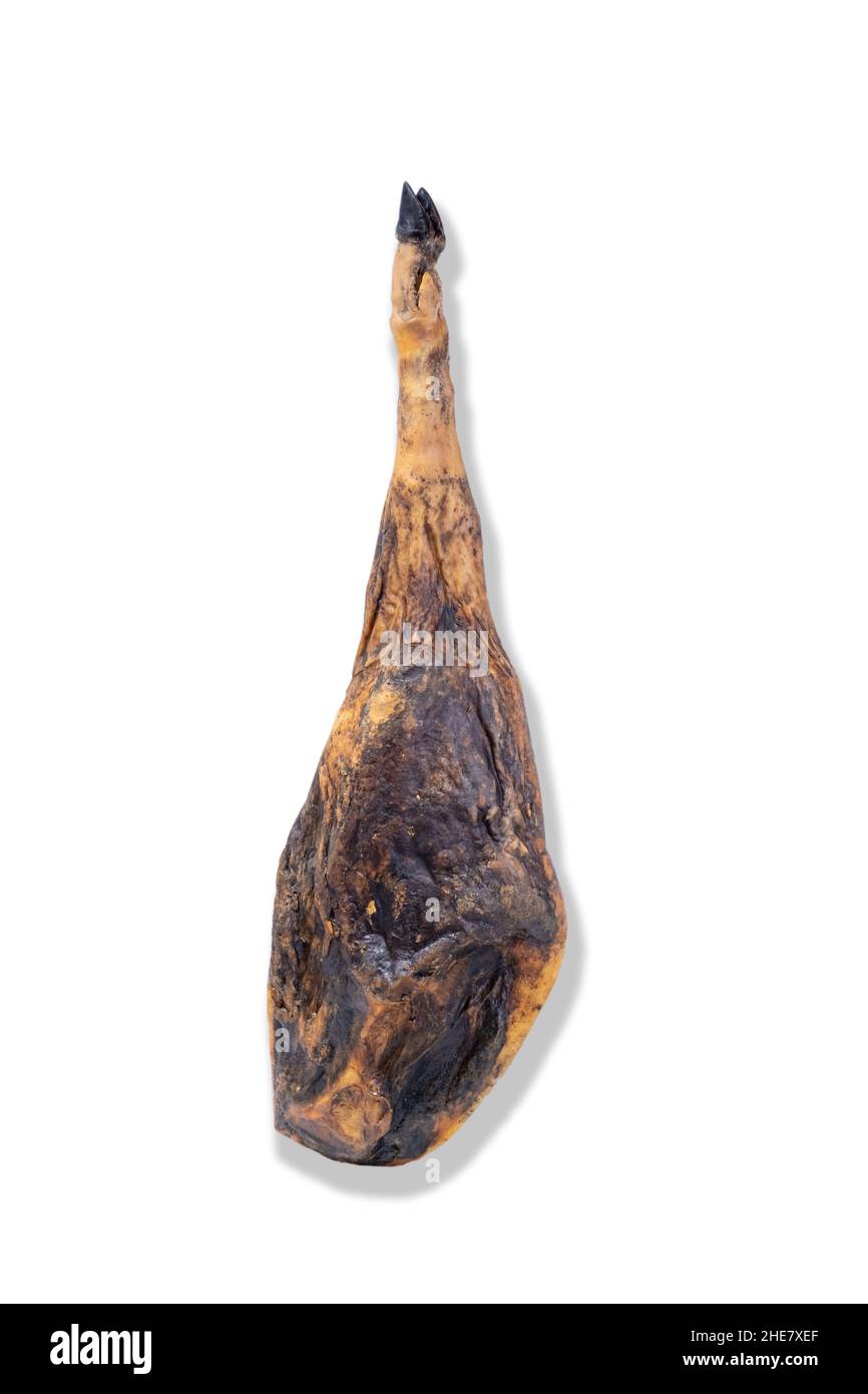 Iberischer Schinken, pata negra hing mit der Qualität eines spanischen Schinken, weiß isoliert Stockfoto