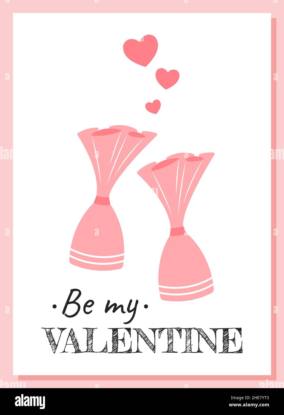 Die Inschrift sei mein Valentinstag. Rosa Pralinen Süßigkeiten in einer Verpackung. Geschenkkarte in Weiß und Rosa zum Valentinstag. Kreatives Geschenk für einen geliebten Menschen. Stock Vektor