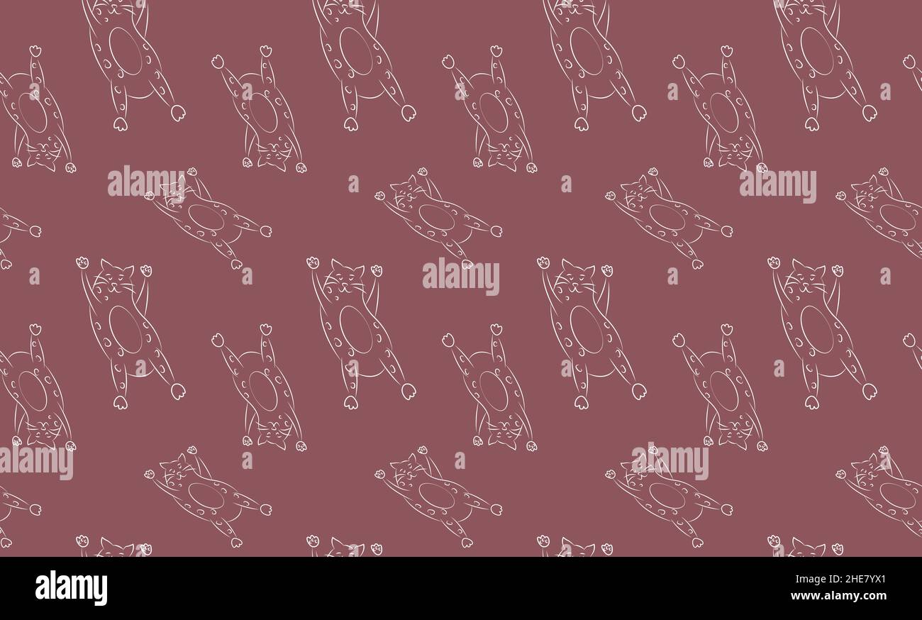 Lustiges Muster mit Katzenfitness. Weißer violetter Hintergrund. Niedliche dicke lineare Katzen. Nahtloser Druck für Kinderkleidung, Textilien und Notizbücher. Stylisch Stock Vektor