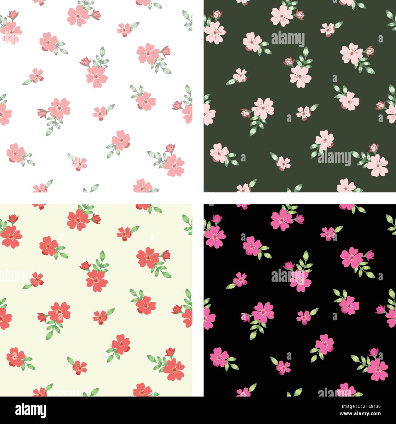Vier Muster mit kleinen Blumensträußen aus Hunderose auf verschiedenen Hintergründen Stock Vektor