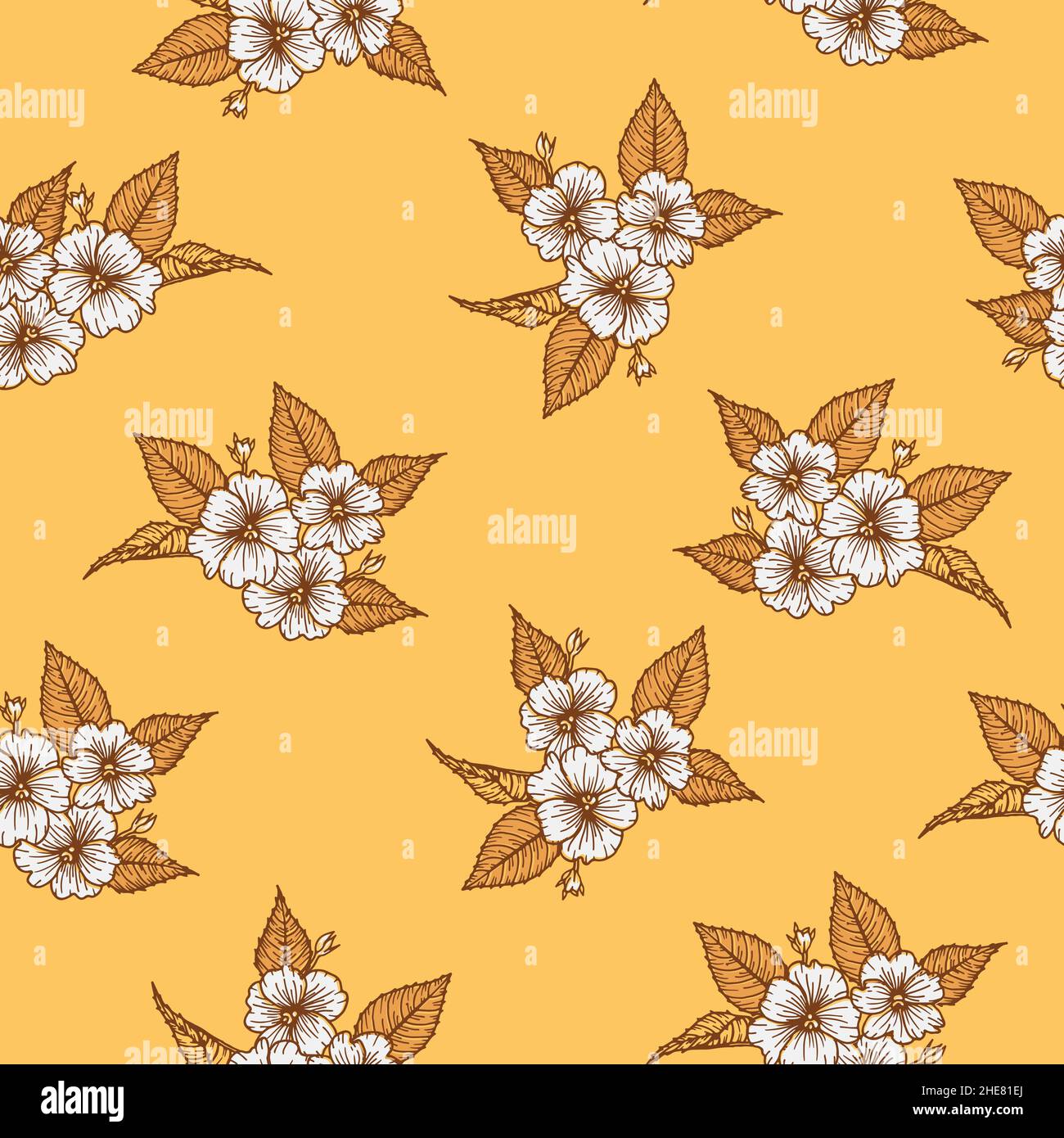 Nahtloses Muster mit Blumen, Blättern und Knospen von Impatiens, die in einem Bukett auf einem Retro-Hintergrund platziert sind Stock Vektor