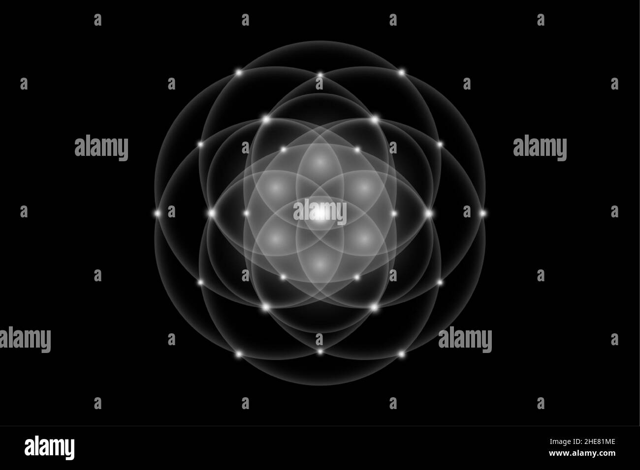 Samen des Lebens, Heilige Geometrie, Blume des Lebens, Lichtlogo Symbol für Harmonie und Gleichgewicht, leuchtender geometrischer Ornament, weißer Lotusvektor isoliert Stock Vektor