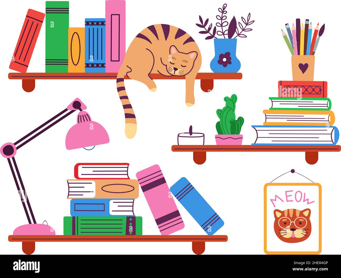 Bücherregale. Isoliertes Regal mit Buch und schlafender Katze. Hausbibliothek, Bücher im Schrank. Flaches Haus Büroelemente, gemütlich Lesen anständige Vektor Stock Vektor