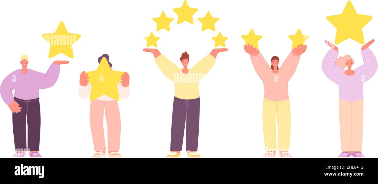 Person mit Sternen. Bewertung, Sterne in den Händen der Menschen. Zufriedene Kunden mit positivem Feedback. Isolierter Mann Frau Erfolgsfiguren. Prüft den Vektorsatz Stock Vektor