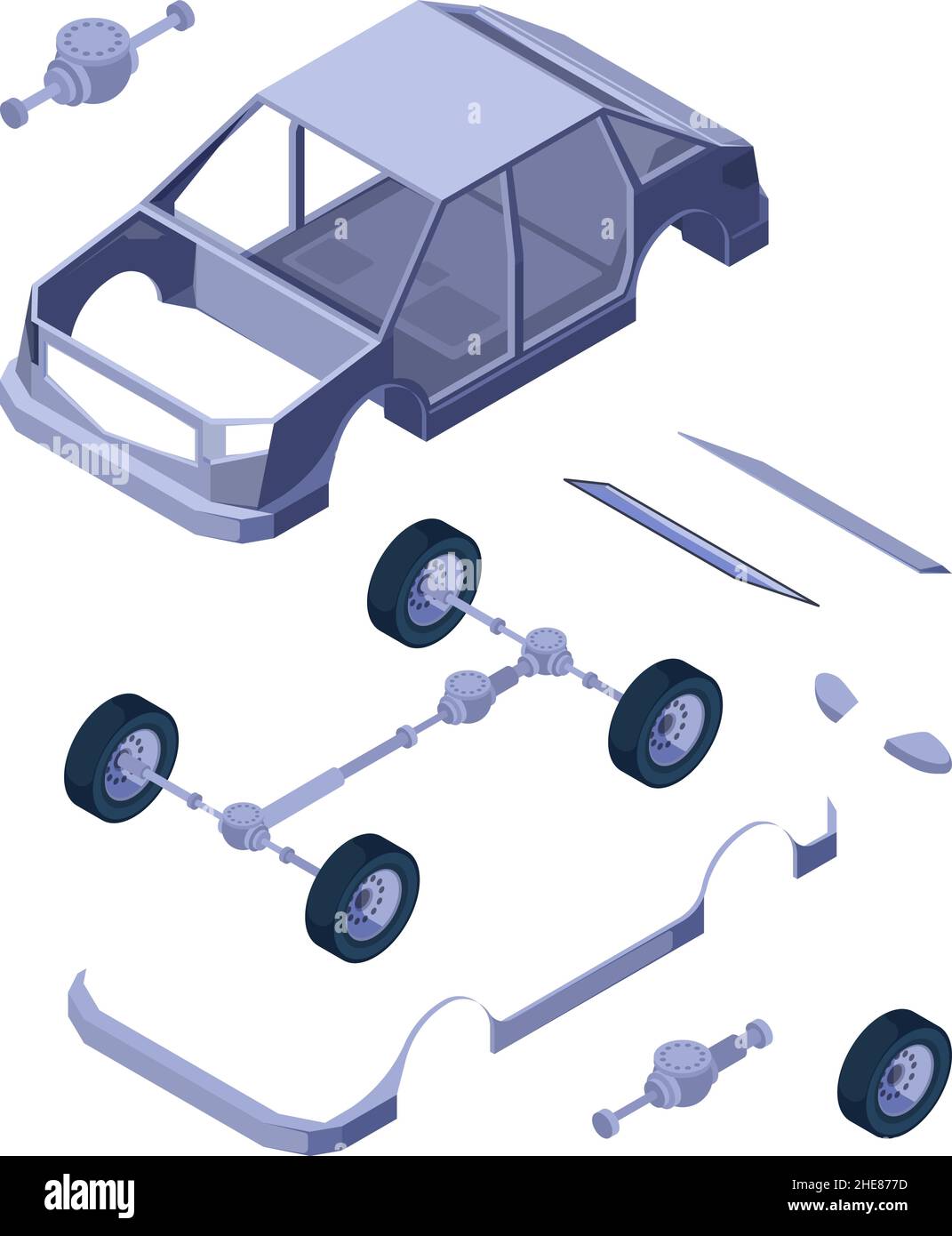 Auto detailliert isometrisch. Auto-Service-Tools Fahrzeug Teile Motorfilter maschinell Schalldämpfer Fahrzeuge Räder grellen Vektor Erstellung Kit Stock Vektor