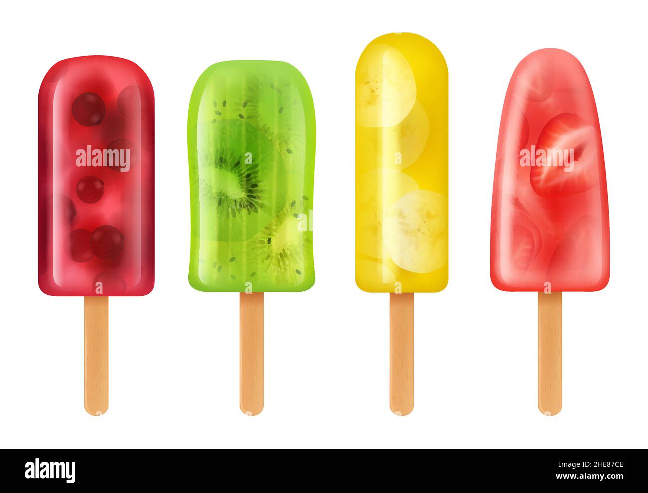 Gefrorene Früchte. Köstliches Eis Sorbet auf Stick Beeren Kiwi Bananensaft aus Eis anständige Vektor realistische Illustrationen Stock Vektor