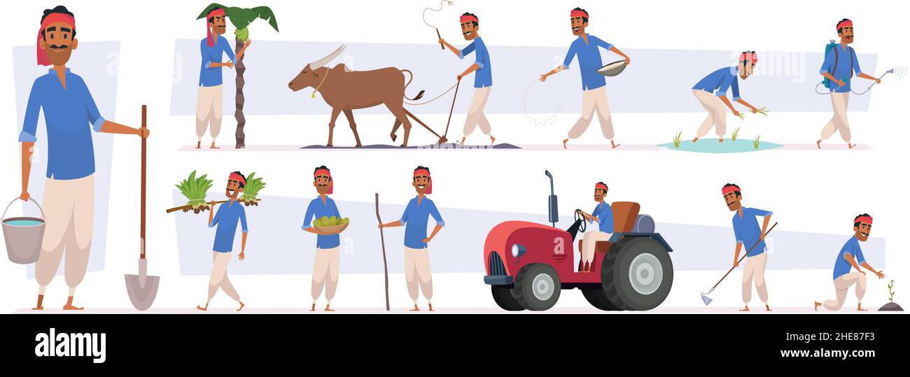 Indischer Landwirt. Dorf ländlichen Charakter Arbeiter in der Natur genauen Vektor indische Menschen Ernte in Cartoon-Stil Stock Vektor