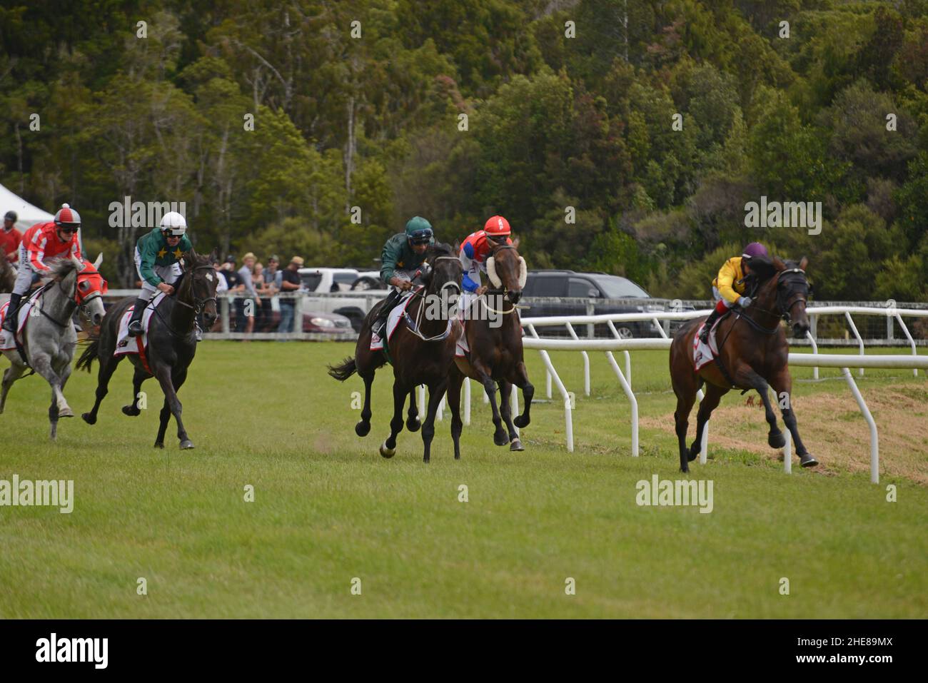 KUMARA, NEUSEELAND, 8. JANUAR 2022; Jockeys reiten bei einem Rennen beim Gold Nuggets-Wettbewerb auf der Kumara Race Track am 8. Januar 2022 hart bis ins Ziel. Stockfoto