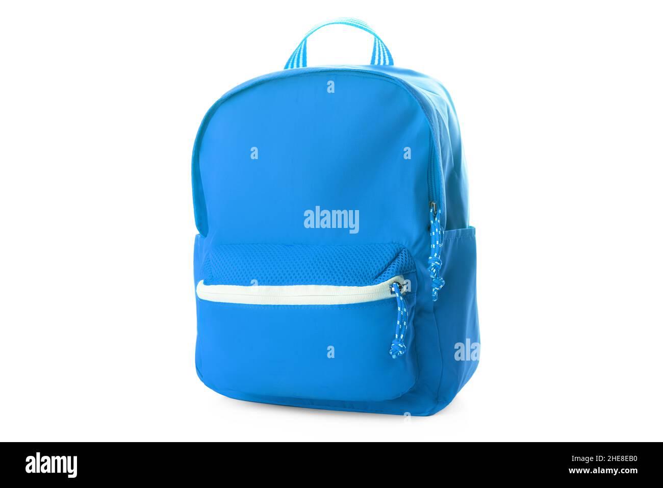 Blauen Schulrucksack isoliert auf weiss Stockfoto