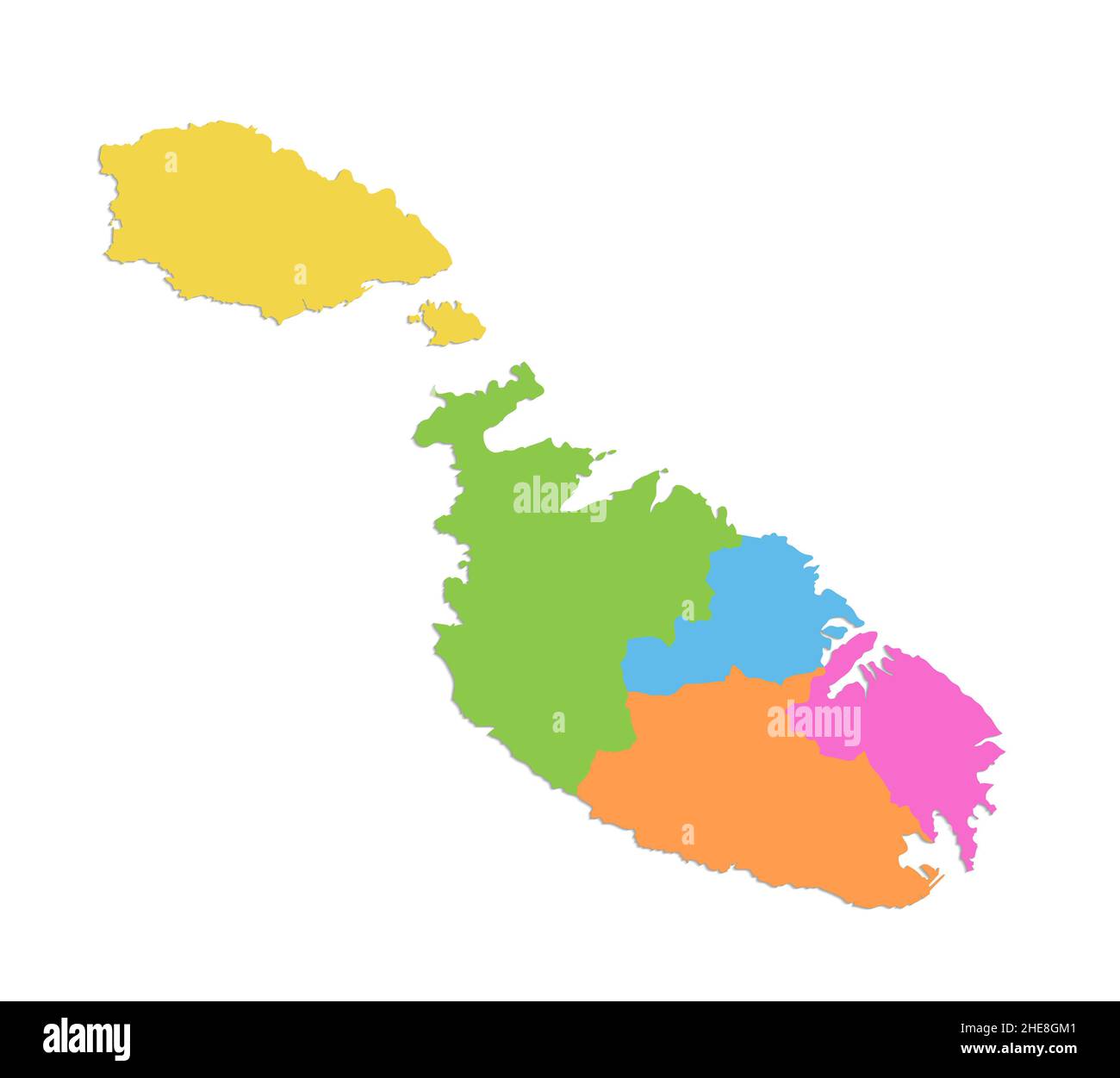 Malta Regionen Karte mit Namen, isoliert auf weißem Hintergrund, leer Stockfoto