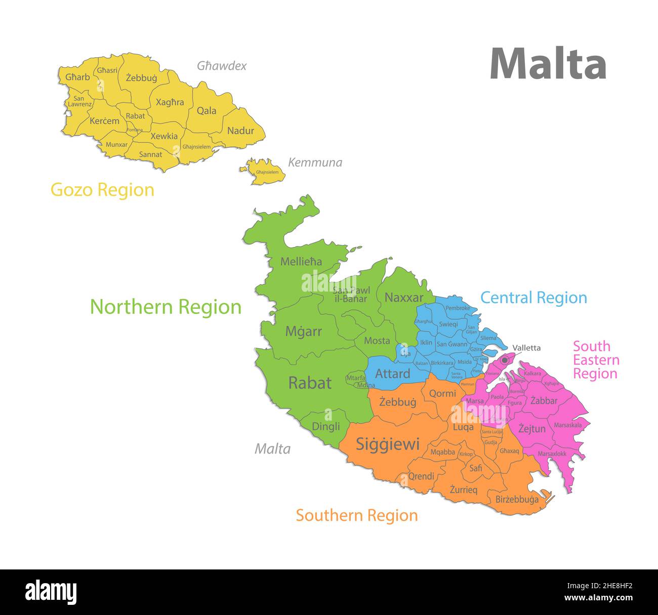 Malta Regionen Karte mit Namen, isoliert auf weißem Hintergrund Vektor Stock Vektor