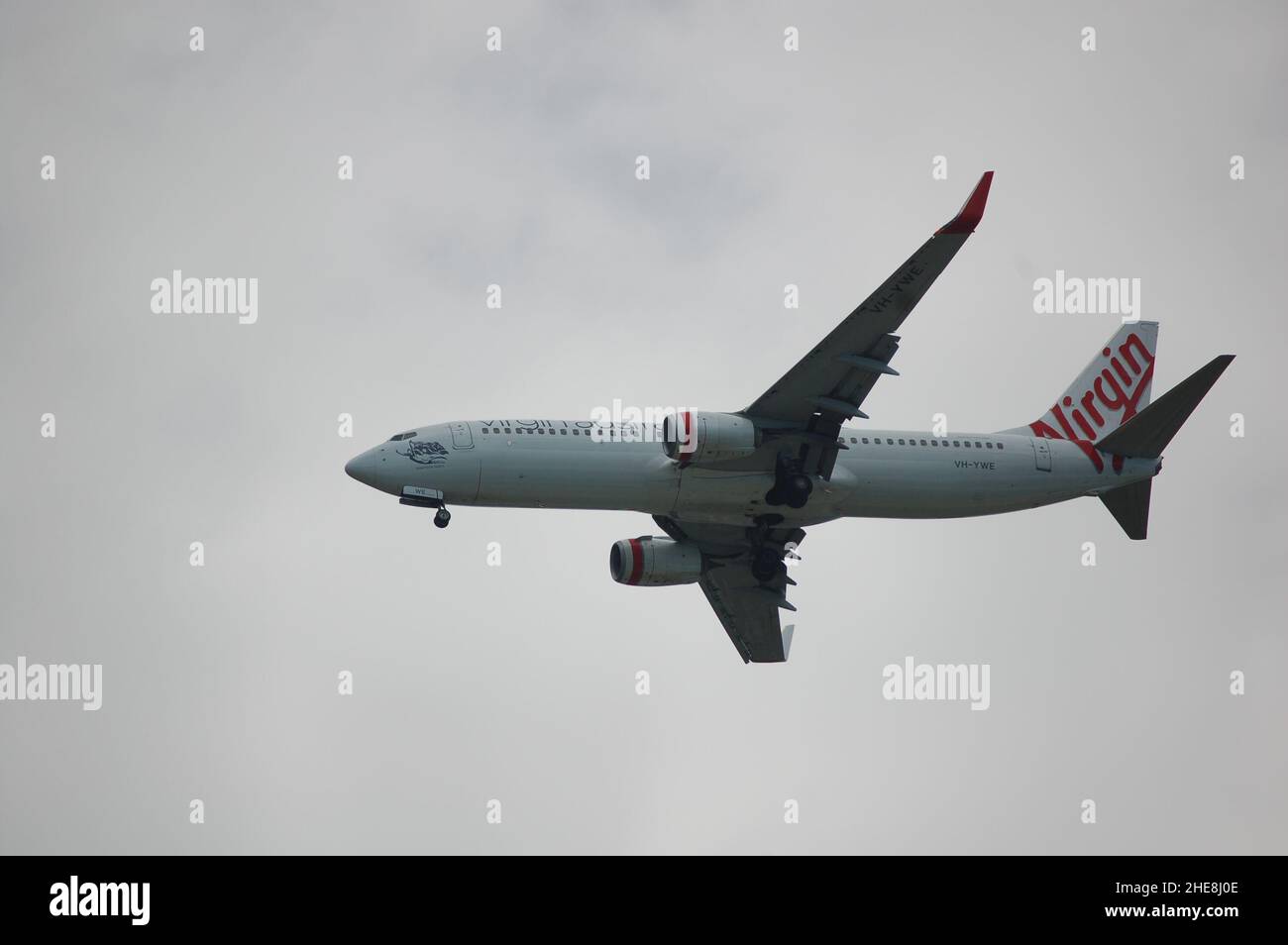 Plane Spotting - Currumbin Alley (Gold Coast, Australien) - kommerzielle Flugzeuge landen mit geöffnetem Landegestell - Gold Coast Airport Approach, Australien Stockfoto