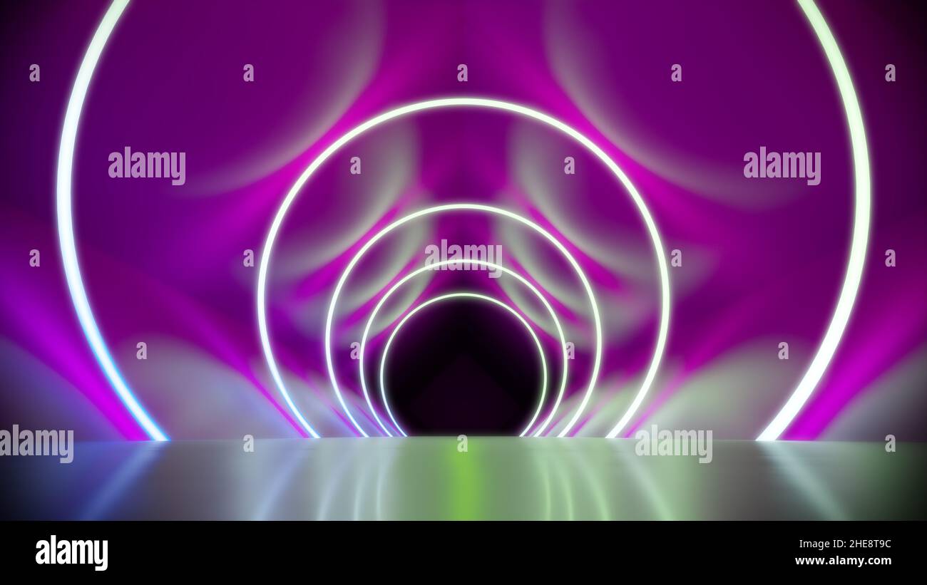 Ein magentafarbener Tunnelhintergrund mit Neonlicht. 3D Abbildung Stockfoto