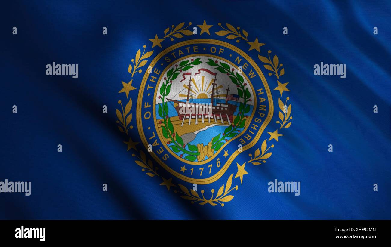 New Hampshire, Staatsflagge in Amerika, abstrakter Stoff, der im Wind winkt. Realistische Flagge als Hintergrund mit vielen fließenden Wellen, nahtlose Schleife. Stockfoto