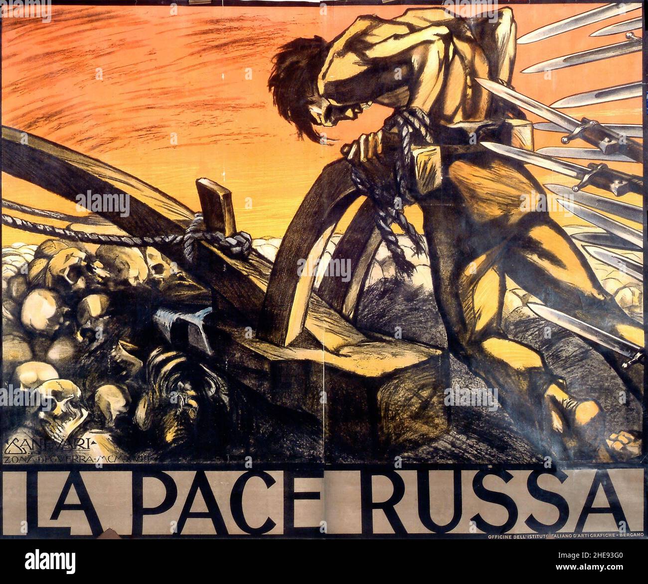 Am italienisches antisowjetisches Plakat, auf dem ein Leibeigene ein Totenfeld pflügt, mit Bajonetten, die auf seinen Rücken zielen, mit dem Capyion „Russischer Frieden“ Stockfoto
