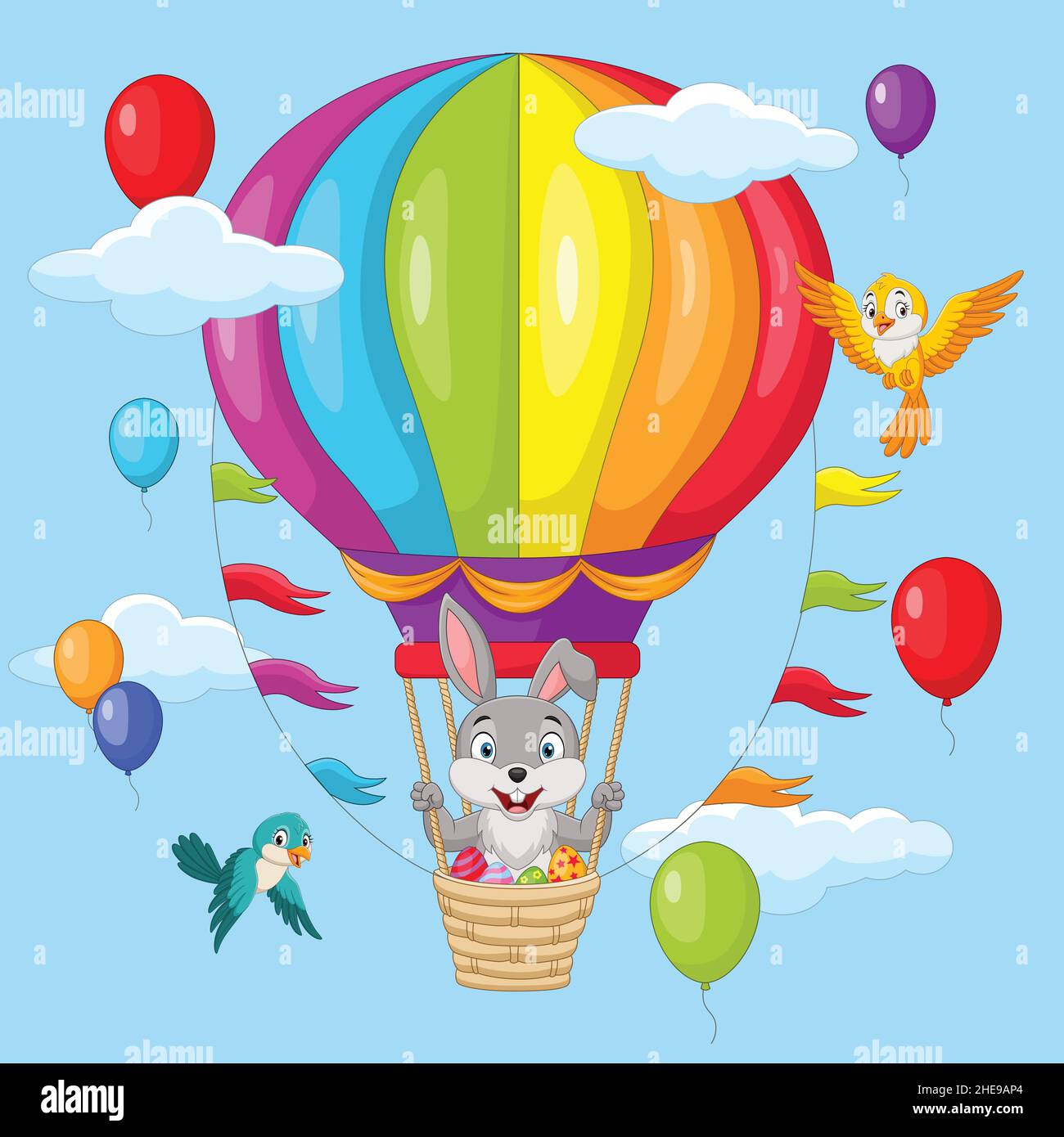 Süßes kleines Häschen und ostereier fliegen im Heißluftballon Stock Vektor