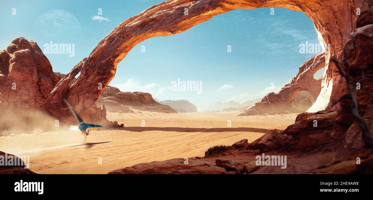 Fantastica Sci-Fi-Landschaft eines Raumschiffs an einem sonnigen Tag, fliegen über eine Wüste mit erstaunlichen bogenförmigen Felsformationen. Stockfoto