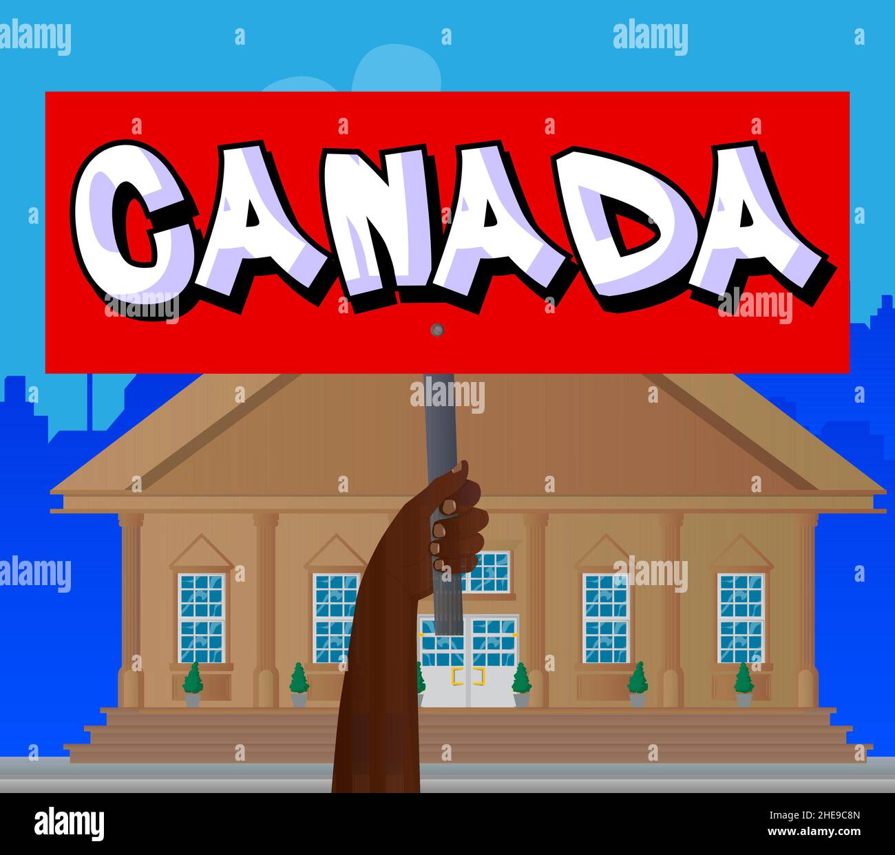Handgehaltenes Banner mit Text aus Kanada. Die Arme wurden angehoben, um die Plakatwand zu zeigen. Gewerbliches, Pädagogisches Zeichen. Stock Vektor