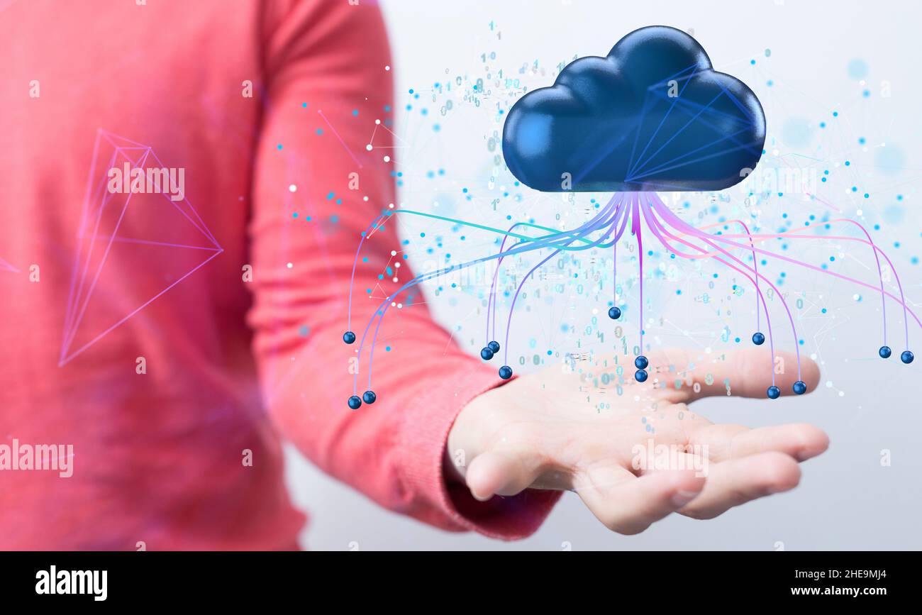 Geringer Fokus auf eine menschliche Hand mit einem Cloud-Symbol, Cloud-Computing und Big-Data-Konzept Stockfoto