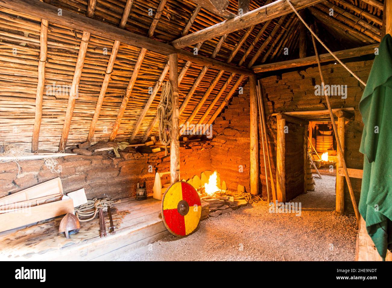 Nachbau eines Viking Long House in L'Anse aux Meadows National Historic Site, Great Northern Peninsula, Neufundland, Kanada. Stockfoto