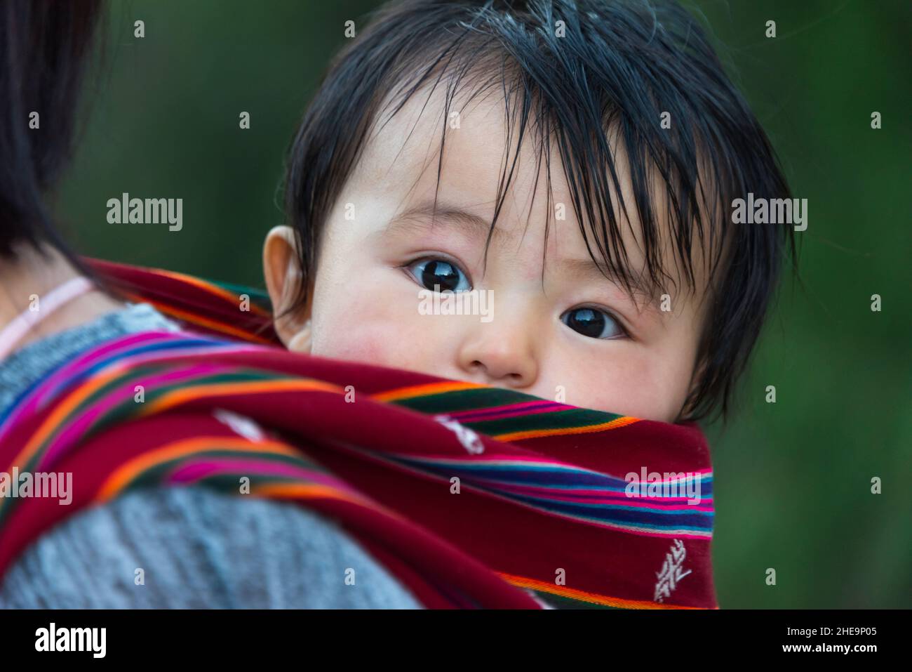 Ein kleines Kind, Thimphu, Bhutan, wurde auf dem Rücken der Mutter getragen Stockfoto