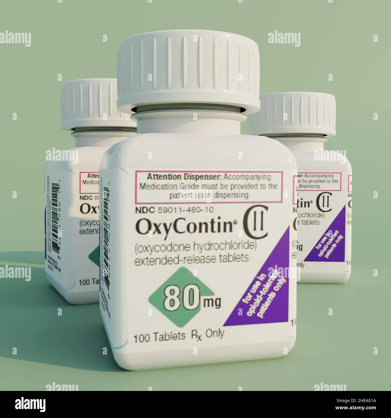 Oxycontin-Flaschen auf flacher Oberfläche. 3D Rendering-Illustration. Stockfoto
