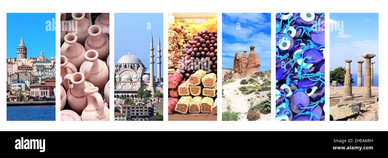 Set von vertikalen Fahnen mit Wahrzeichen der Türkei. Kamelfelsen im Pasabag Valley, Kappadokien, Säulen des Athene Tempels in Assos, Galata Tower und Suley Stockfoto