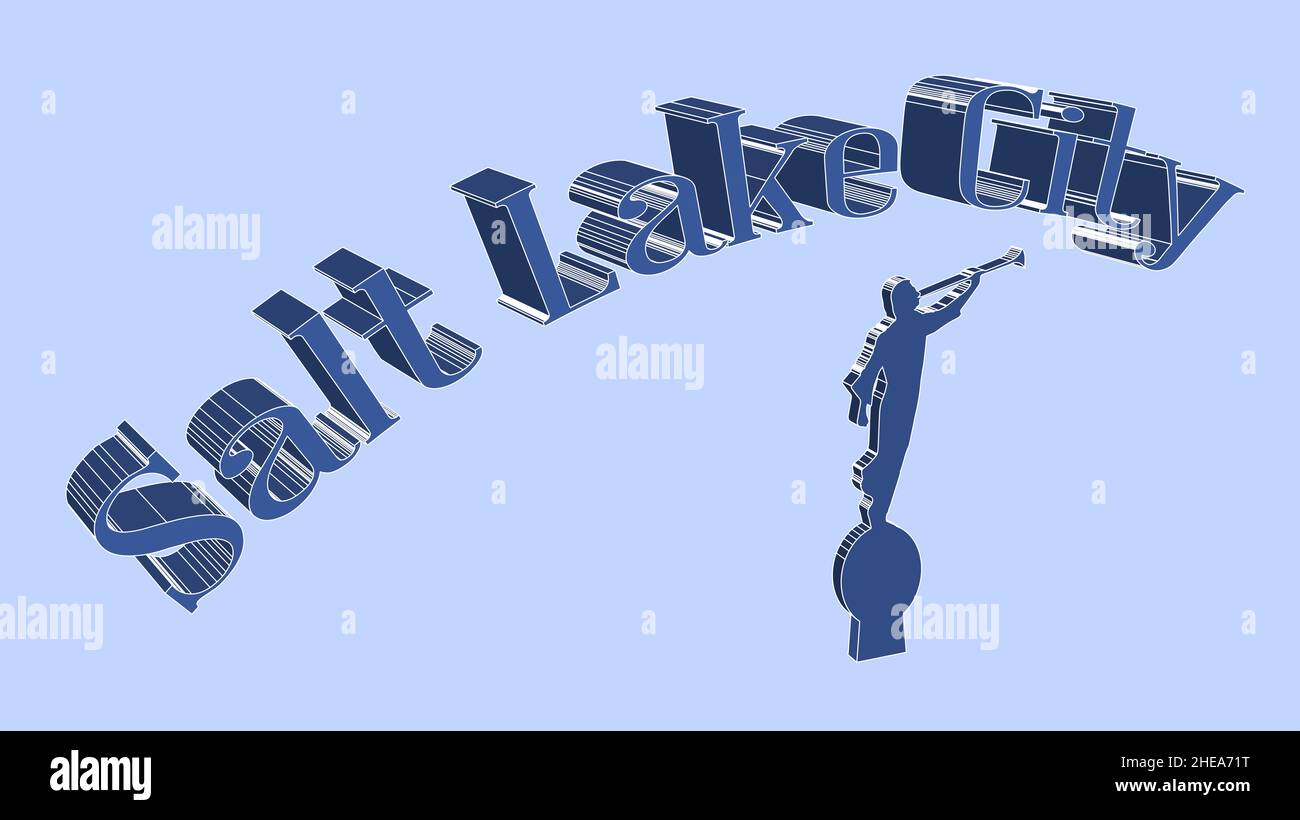 Die Stadt Salt Lake im Text mit einer Darstellung in Silhouette des Engels Moroni Stockfoto