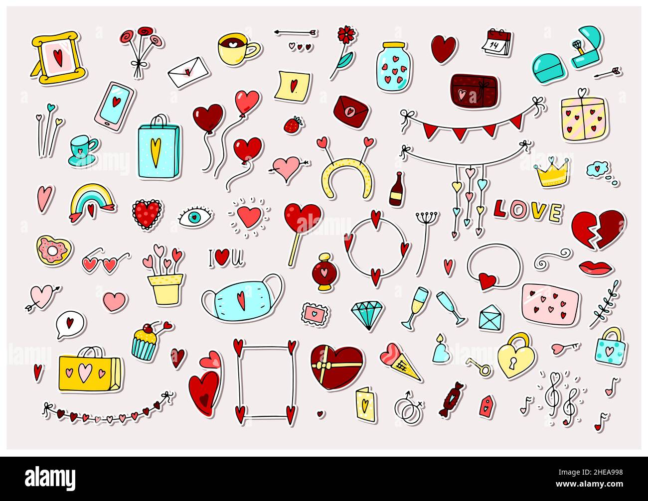 Big Doodle Valentinstag Set. Handgezeichnetes Liebessymbol isoliert auf weißem Hintergrund. Niedliche Grußkarten, Umschläge, Geschenke, Accessoires mit Herzen. Ba Stock Vektor