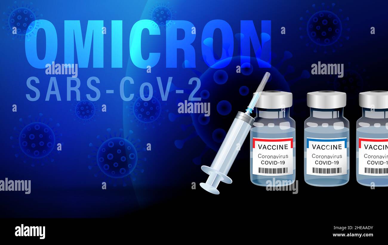 Omicron COVID-19 Impfstoffflaschen und Spritze, blaues Webbanner. Covid-Impfstoffe müssen für die neue SARS-CoV-2 aktualisiert werden (B.1.1.529). Text Omicron Stock Vektor