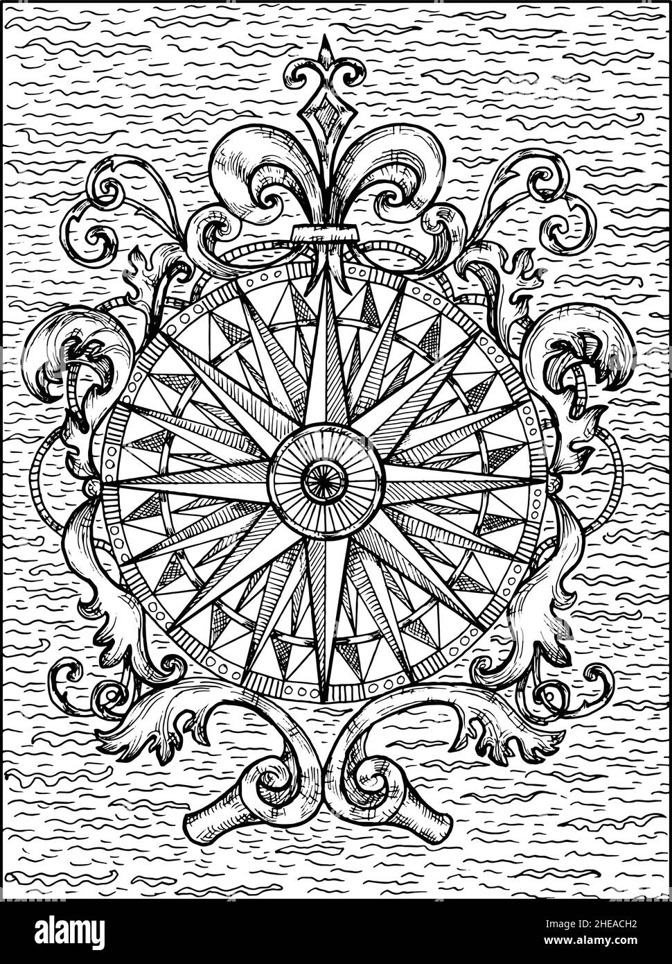 Schwarz-weiße Darstellung von Kompass oder Windrose mit viktorianischen und barocken Mustern verziert. Nautische Vektor Vintage-Zeichnungen, marine Konzept, Stock Vektor