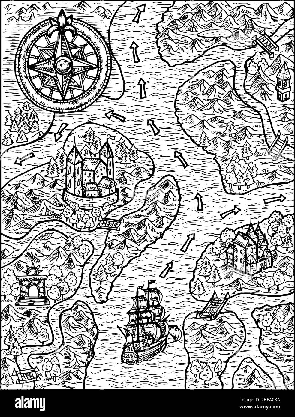 Schwarz-weiße Illustration einer alten Piratenkarte der Schatzsuche mit Segelschiff, Kompass und unbekanntem Land. Nautische Vektor Vintage-Zeichnungen, marine Stock Vektor