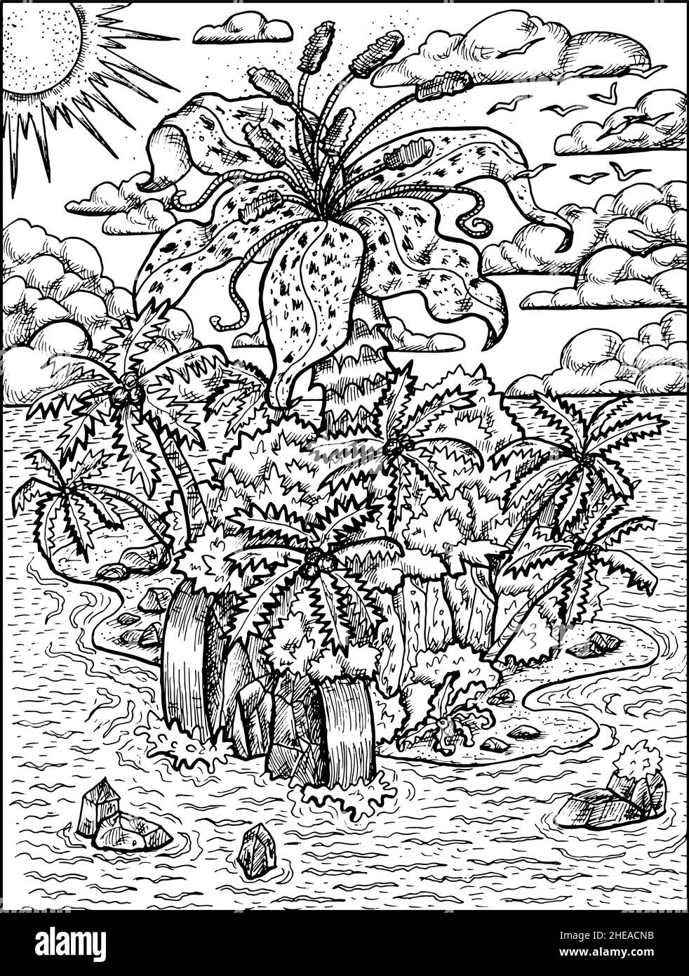 Schwarz-Weiß-Illustration einer unbekannten Insel mit Fantasiepflanzen, Bäumen und Schätzen. Nautische Vektor Vintage-Zeichnungen, marine Konzept, Färbung b Stock Vektor