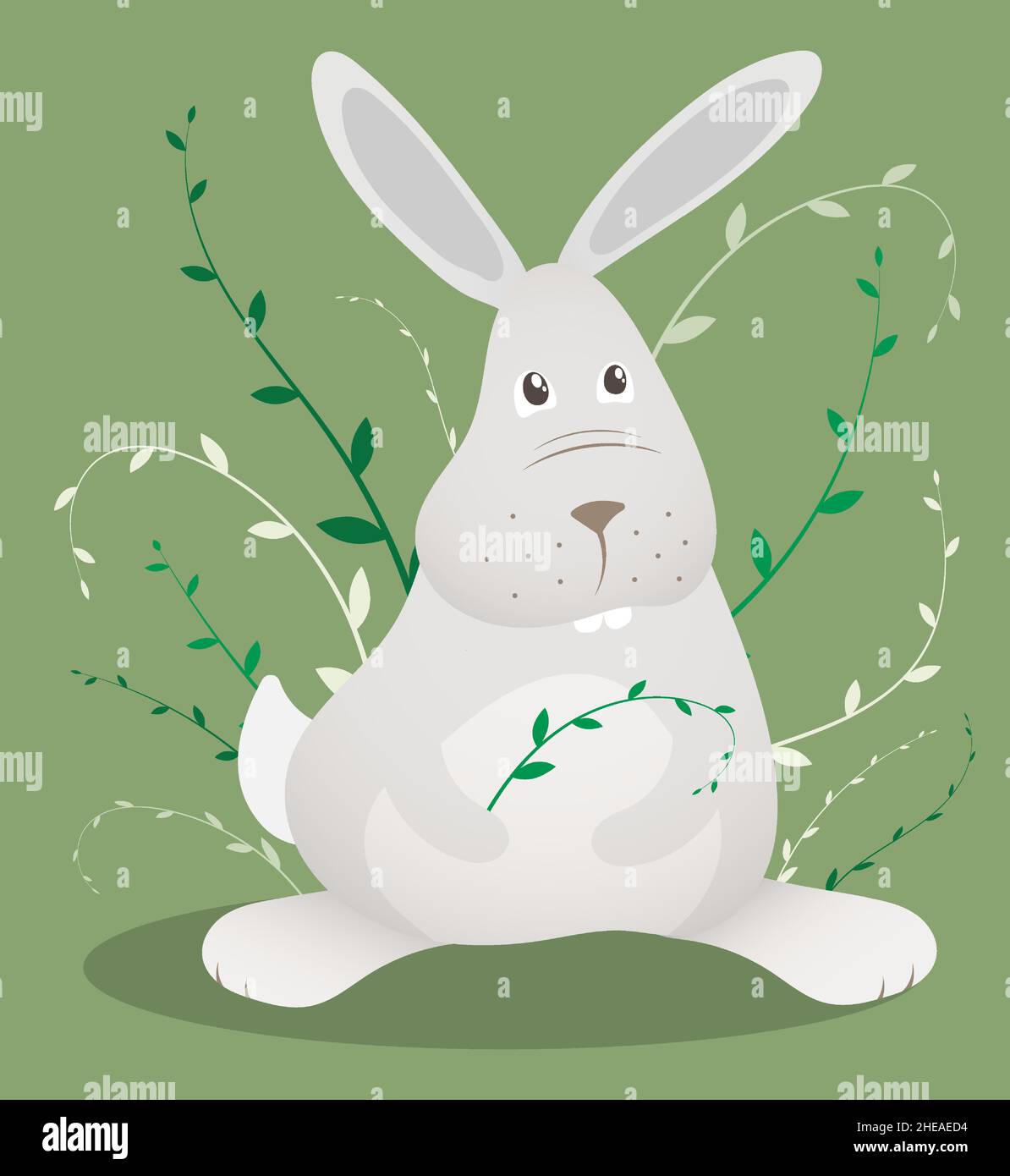 Kleines lustiges Kaninchen sitzt auf einer grünen Wiese. Symbol von Ostern und 2023 im chinesischen Kalender. Vektorgrafik für Kinder Stock Vektor