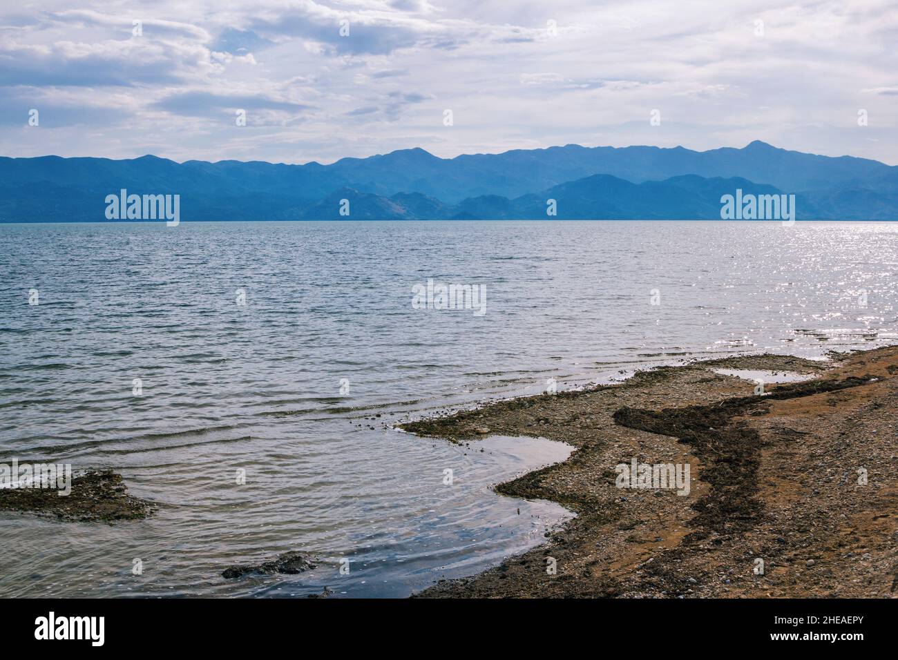 Wunderschöne Sommerlandschaft – Shkoder Lake Coast – ruhiges Wasser, blauer Himmel und Berge am Horizont Stockfoto