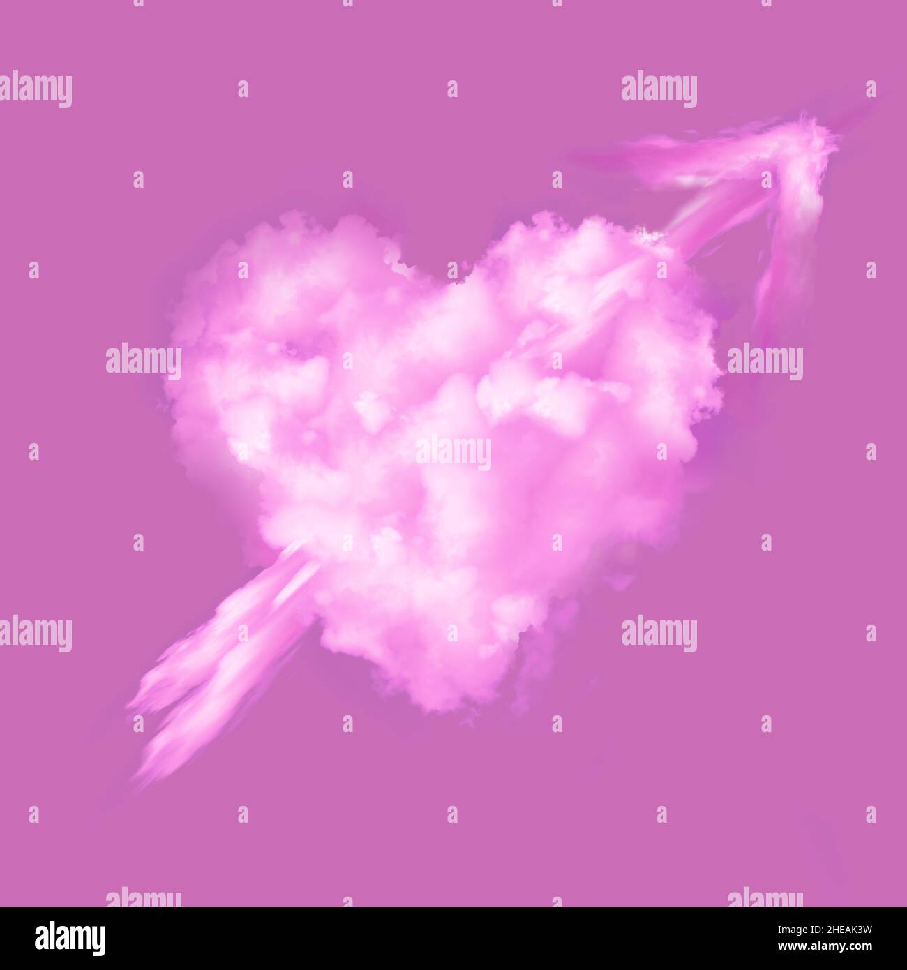 Love Heart echte rosafarbene Wolkengrafik mit Pfeil auf einem einfarbigen rosa Hintergrund. Valentine Symbol der Romantik und Zuneigung Stockfoto