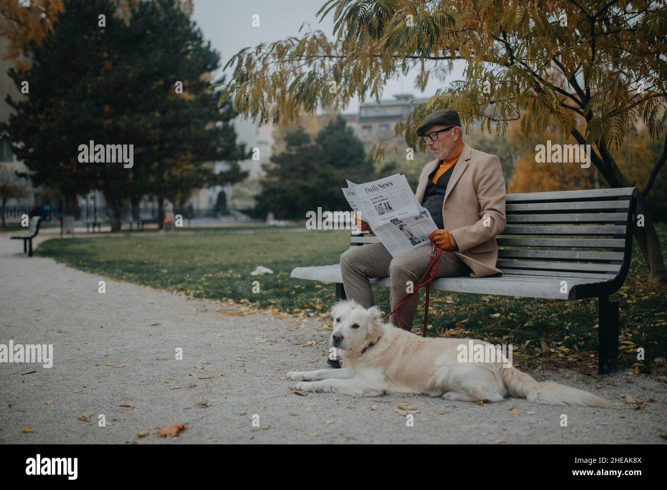 Glücklicher älterer Mann, der auf der Bank sitzt und Zeitung liest, während er im Park in der Stadt im Freien spazieren geht. Stockfoto