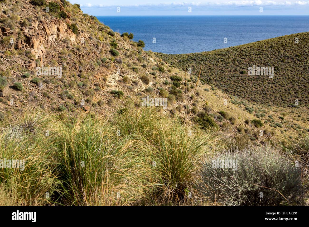 Die Landschaft zwischen Las Negras und Cala de San Pedro, Naturpark Cabo de Gata, Almeria, Spanien Stockfoto