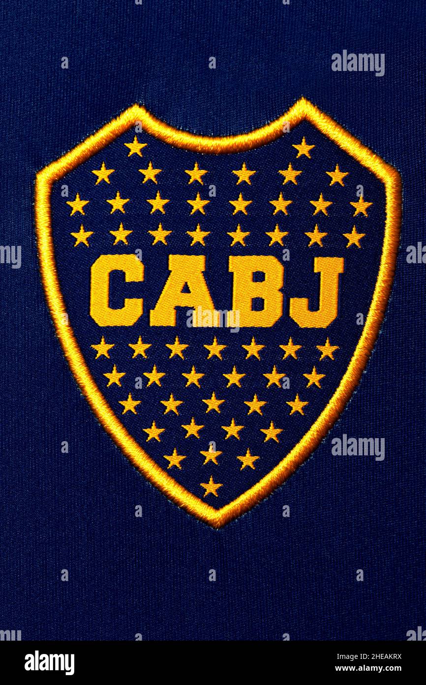 Nahaufnahme des Boca Juniors Heimtrikots. Stockfoto