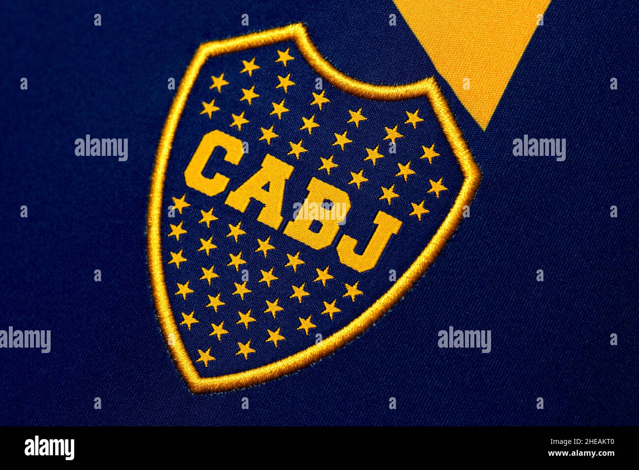 Nahaufnahme des Boca Juniors Heimtrikots. Stockfoto