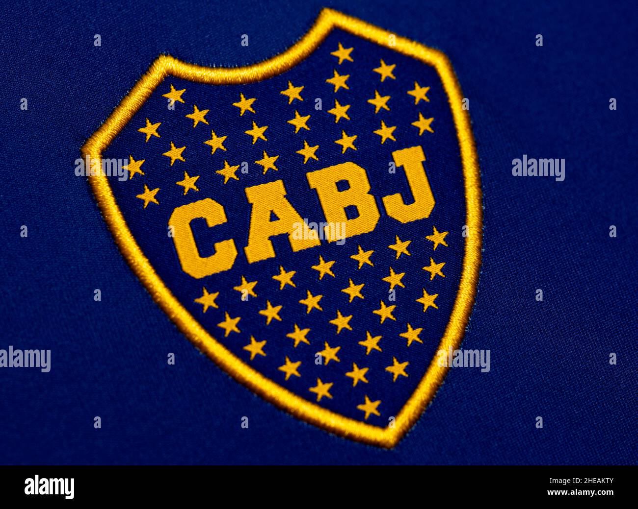 Nahaufnahme des Boca Juniors Heimtrikots. Stockfoto