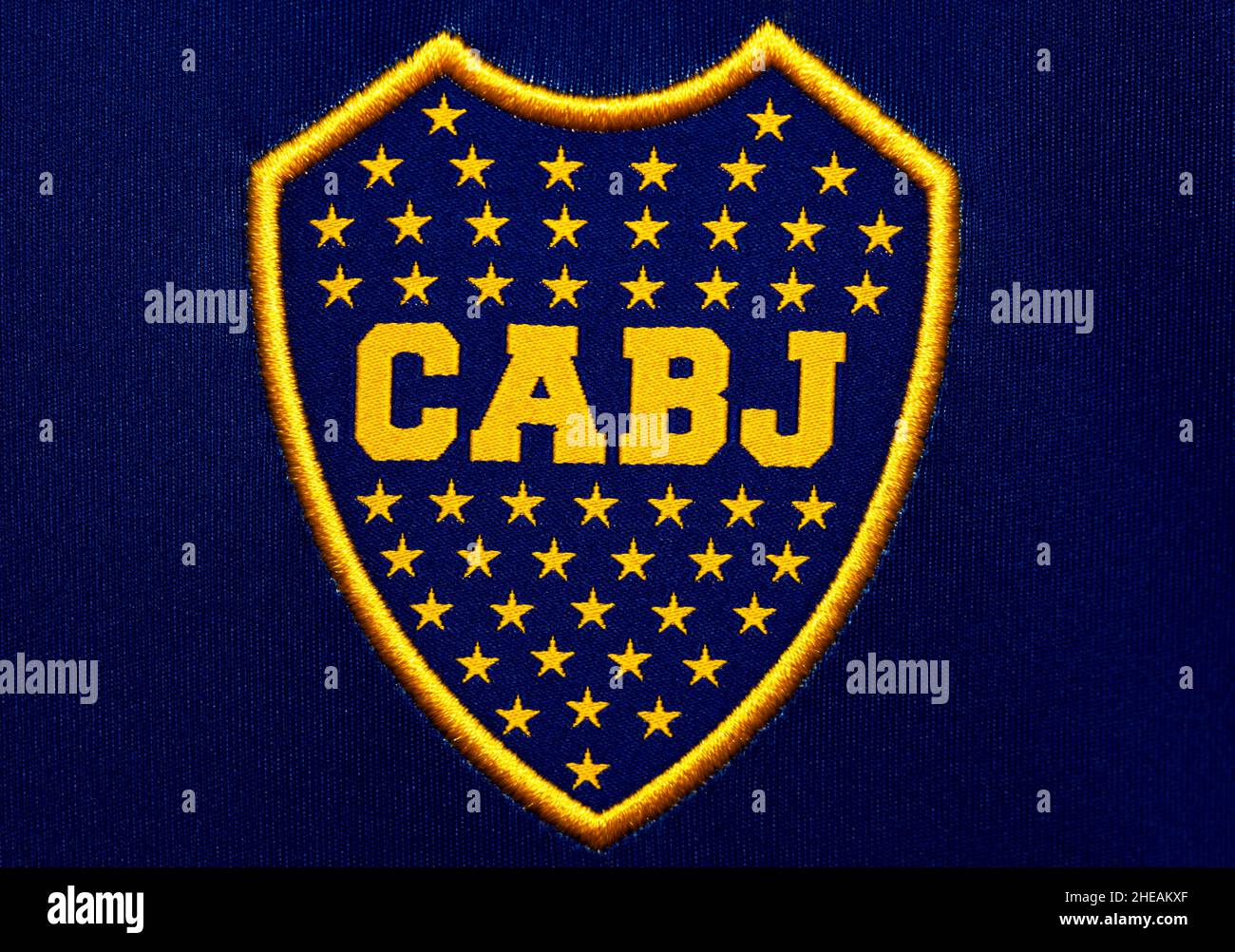 Nahaufnahme des Boca Juniors Heimtrikots. Stockfoto
