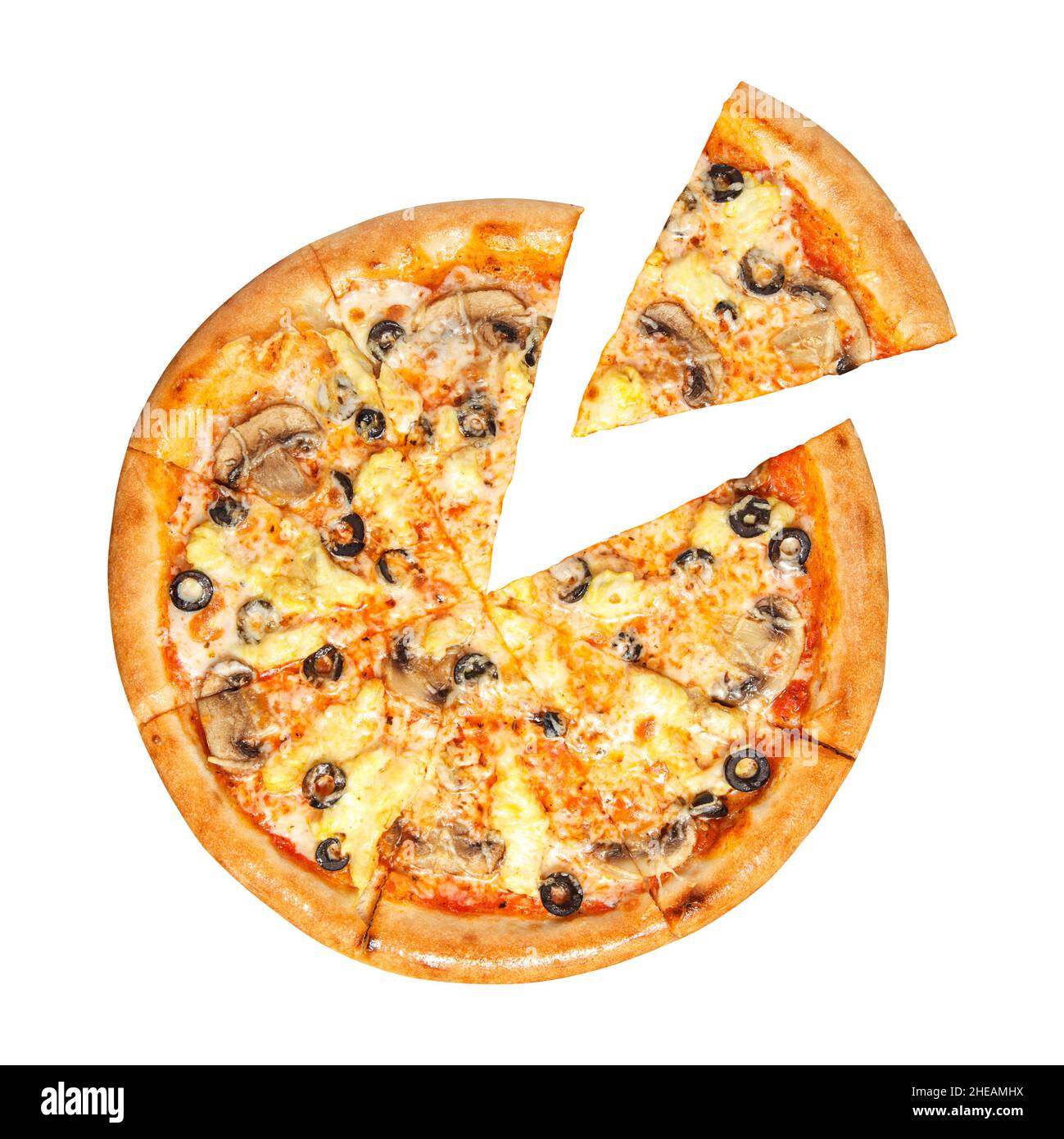 Blick von oben auf die Pizza. Pizza in Scheiben, Ansicht über dem Kopf isoliert auf weißem Hintergrund. Flach liegend. Stockfoto