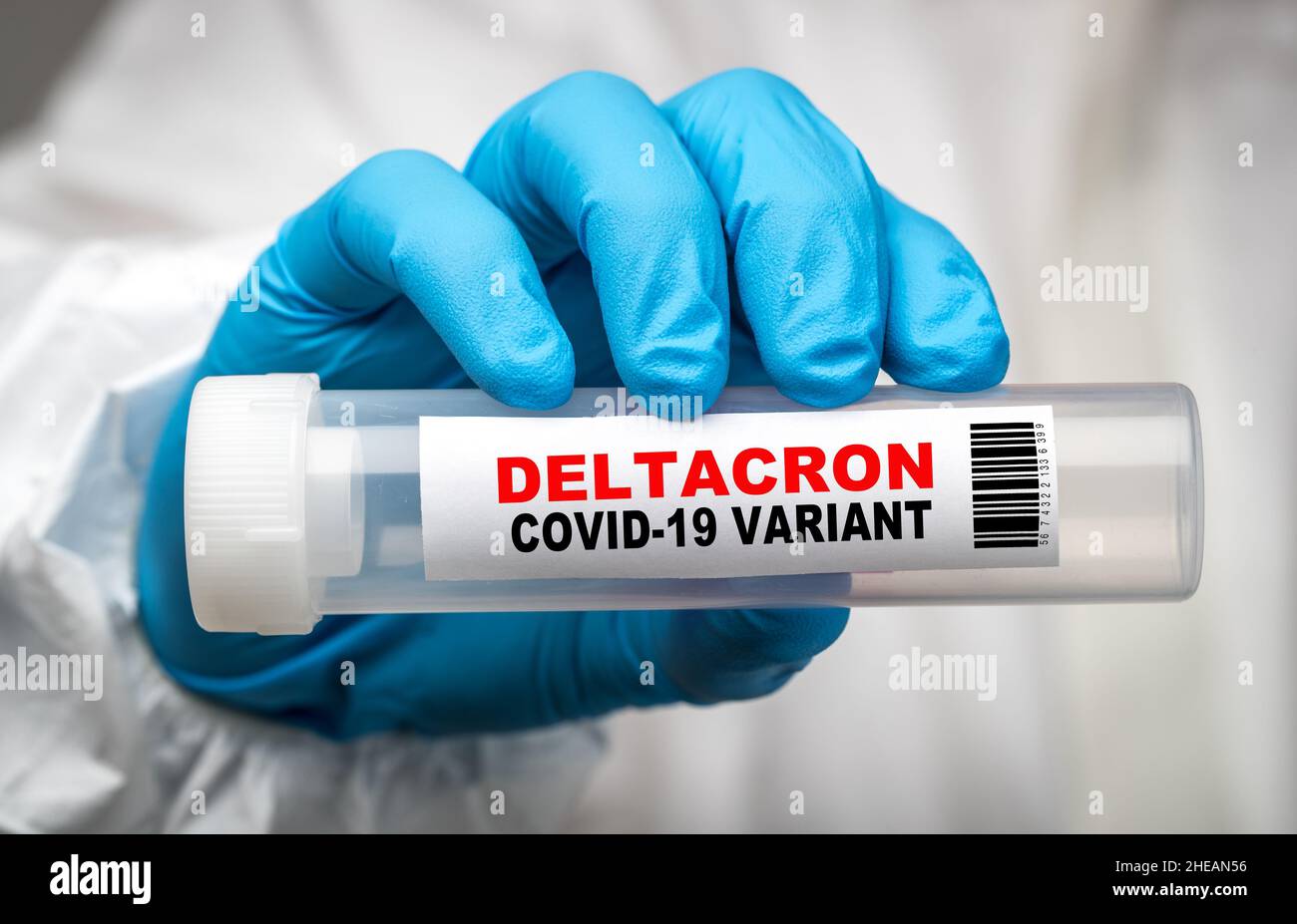 Deltacron Covid 19 Variantenabstrichtest. Deltacron wird angenommen, dass es sich um eine neue Covid-Sorte handelt, die die Varianten Omicron und Delta kombiniert. Stockfoto