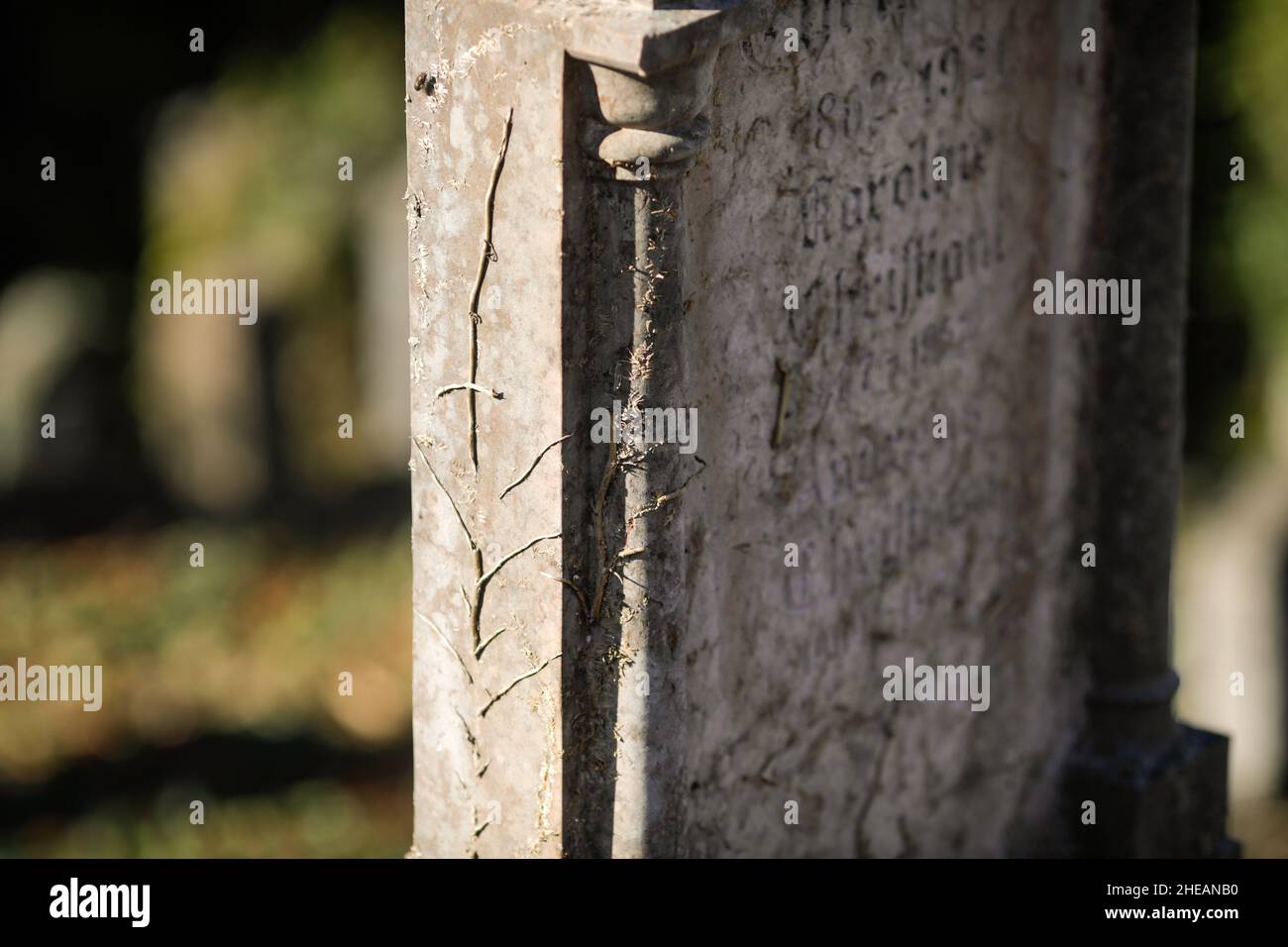 Sighisoara, Rumänien - 30. Oktober 2021: Details zur geringen Schärfentiefe (selektiver Fokus) mit dem Text in alter deutscher Sprache und Schriften auf einem Grab. Stockfoto