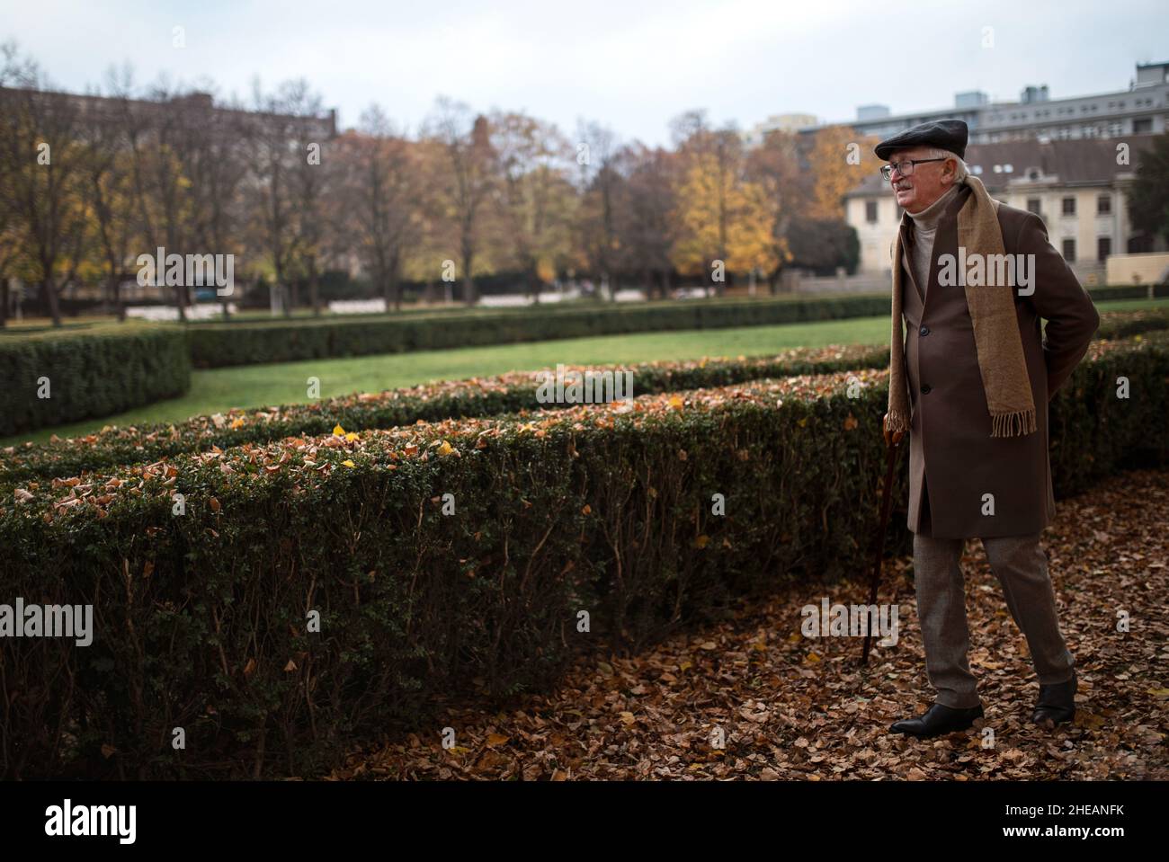 Alter eleganter Mann mit Spazierstock auf Spaziergang im Park am Herbsttag Stockfoto