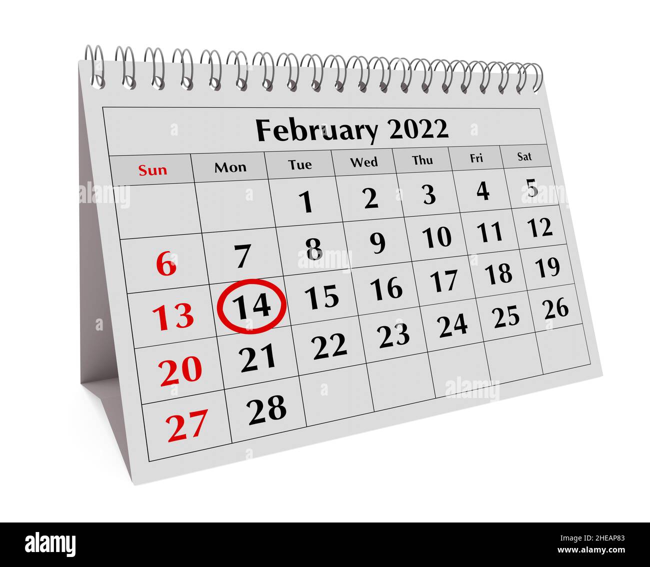 Lockerer Kalender mit dem Monat Februar 2022 und eingekreisten Tag 14 für Valentinstag. 3D Rendern Stockfoto