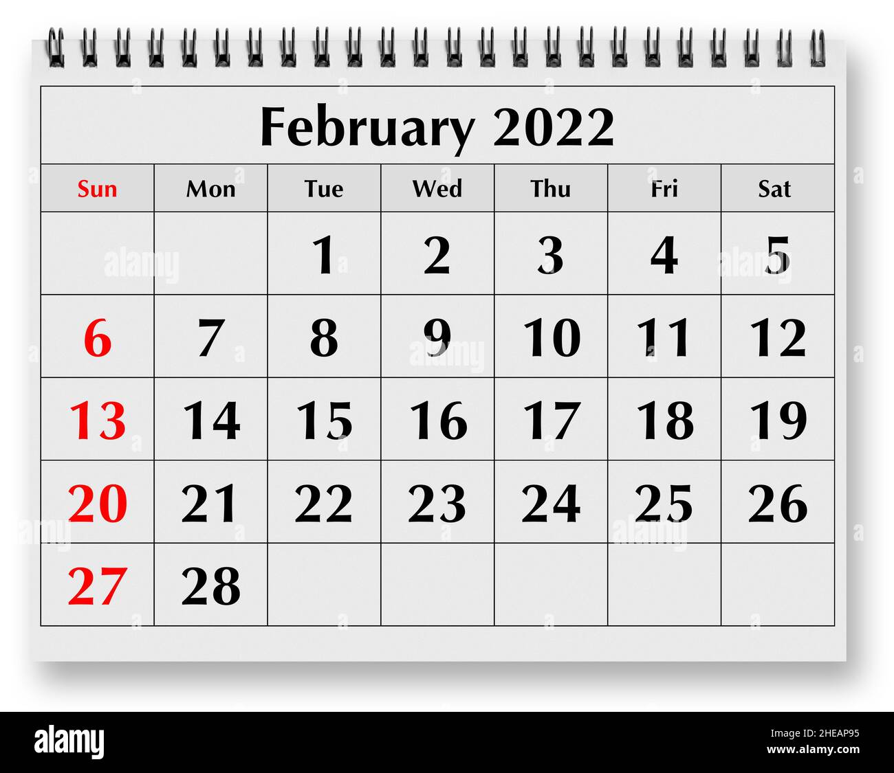 Eine Seite des jährlichen Monatskalenders - Februar 2022 Stockfoto